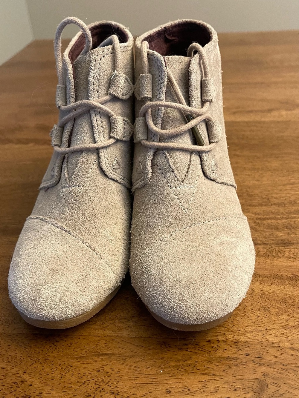 Toms Suede Lace-Up Ankle Booties in Light Taupe desert sand
